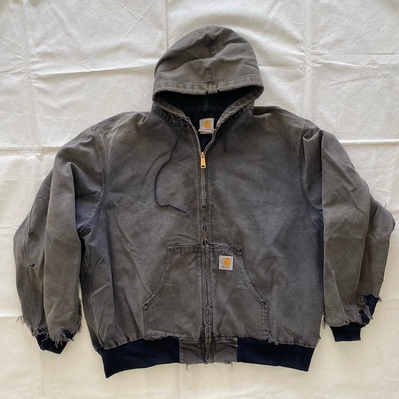 Vintage Thrashed Carhartt Charcoal Hooded Jacket Heavy Wear Extra Distressed - Picture 14 of 15